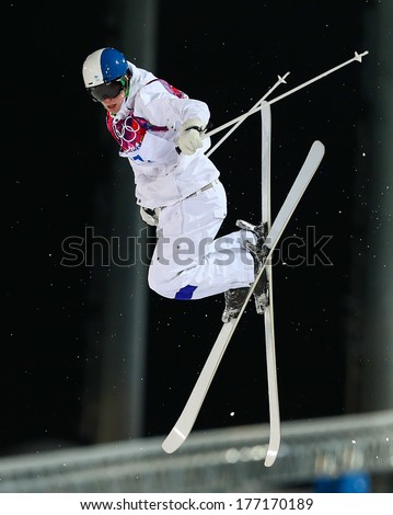 Sochi, RUSSIA - February 10, 2014: Jimi SALONEN (FIN) at Freestyle skiing. Men\'s Moguls Qualification at Sochi 2014 XXII Olympic Winter Games