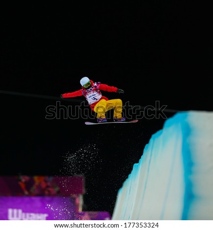 Sochi, RUSSIA - February 12, 2014: Shuang LI (CHN) at snowboard competition during Ladies\' Halfpipe Qualification at Sochi 2014 XXII Olympic Winter Games