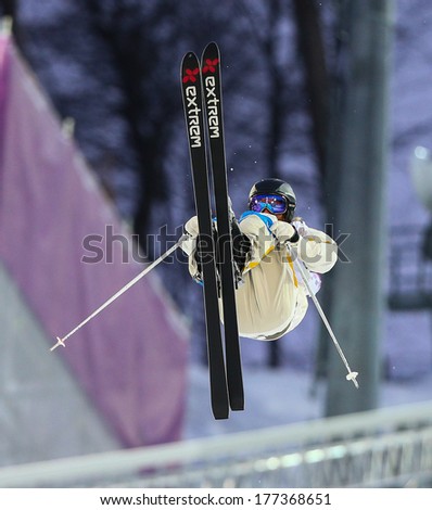 Sochi, RUSSIA - February 10, 2014: Per SPETT (SWE) at Freestyle skiing. Men\'s Moguls Qualification at Sochi 2014 XXII Olympic Winter Games