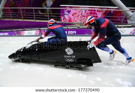 Sochi, RUSSIA - February 16, 2014: Great Britain 1 team at two-man bobsleigh heat at Sochi 2014 XXII Olympic Winter Games
