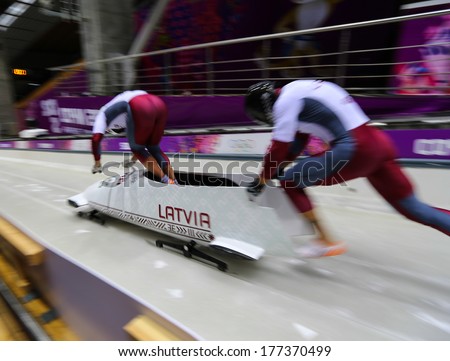Sochi, RUSSIA - February 16, 2014: Latvia 1 team at two-man bobsleigh heat at Sochi 2014 XXII Olympic Winter Games