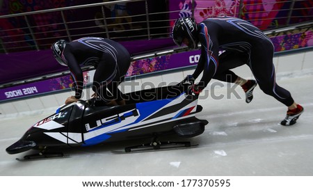 Sochi, RUSSIA - February 16, 2014: United States 3 team at two-man bobsleigh heat at Sochi 2014 XXII Olympic Winter Games