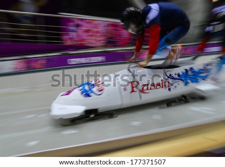 Sochi, RUSSIA - February 16, 2014: Russian Fed. 2 team at two-man bobsleigh heat at Sochi 2014 XXII Olympic Winter Games