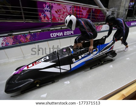 Sochi, Russia - February 16, 2014: United States 2 Team At Two-Man Bobsleigh Heat At Sochi 2014 Xxii Olympic Winter Games