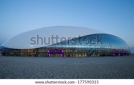 Sochi, RUSSIA - February 16, 2014: Bolshoy Ice Dome during ice hockey Men\'s Prelim. Round - Group A USA Ã?Â¢?? RUS match at Sochi 2014 XXII Olympic Winter Games