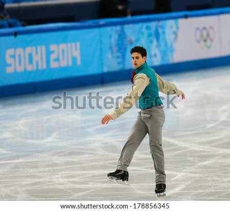 Sochi, RUSSIA - February 13, 2014: Javier RAYA (ESP) on ice during figure skating competition of men in short program at Sochi 2014 XXII Olympic Winter Games