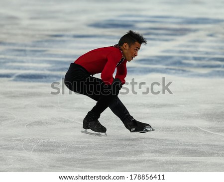 Sochi, RUSSIA - February 13, 2014: Florent AMODIO (FRA) on ice during figure skating competition of men in short program at Sochi 2014 XXII Olympic Winter Games