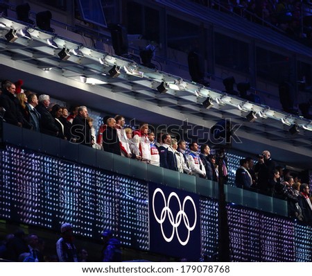 Sochi, RUSSIA - February 23, 2014: Vladimir Putin, Tomas Bach and other authorities at closing Ceremony in Fisht Olympic Stadium at the Sochi 2014 Olympic Games