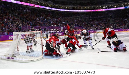 Sochi, RUSSIA - February 20, 2014: Brianne JENNER (CAN) at Canada vs. USA Ice hockey Women\'s Gold Medal Game at the Sochi 2014 Olympic Games