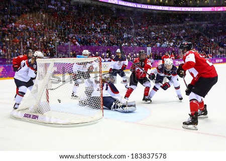 Sochi, RUSSIA - February 20, 2014: Marie-Philip POULIN (CAN) at Canada vs. USA Ice hockey Women\'s Gold Medal Game at the Sochi 2014 Olympic Games