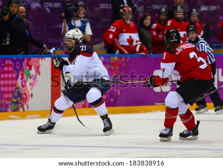 Sochi, RUSSIA - February 20, 2014: Jocelyne LAROCQUE (CAN) at Canada vs. USA Ice hockey Women\'s Gold Medal Game at the Sochi 2014 Olympic Games