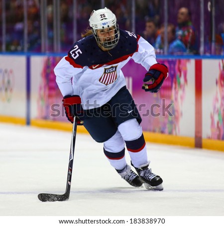 Sochi, RUSSIA - February 20, 2014: Alex CARPENTER (USA) at Canada vs. USA Ice hockey Women\'s Gold Medal Game at the Sochi 2014 Olympic Games