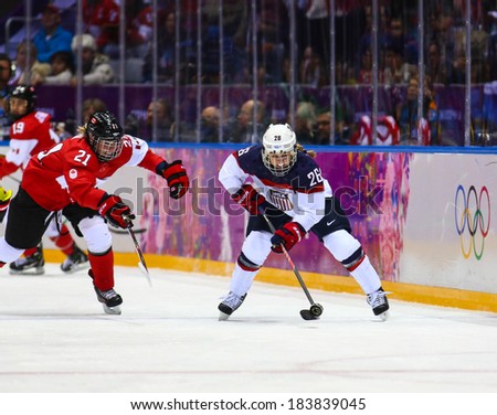 Sochi, RUSSIA - February 20, 2014: Kendall COYNE (USA) at Canada vs. USA Ice hockey Women\'s Gold Medal Game at the Sochi 2014 Olympic Games
