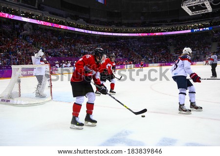 Sochi, RUSSIA - February 20, 2014: Jayna HEFFORD (CAN) at Canada vs. USA Ice hockey Women\'s Gold Medal Game at the Sochi 2014 Olympic Games