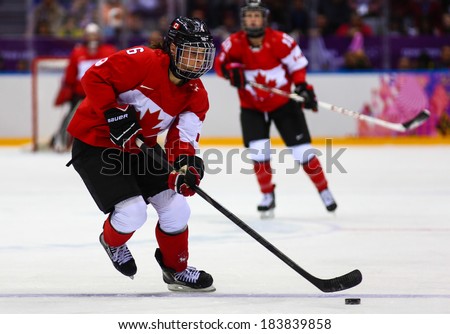 Sochi, RUSSIA - February 20, 2014: Rebecca JOHNSTON (CAN) at Canada vs. USA Ice hockey Women\'s Gold Medal Game at the Sochi 2014 Olympic Games