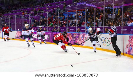 Sochi, RUSSIA - February 20, 2014: Gigi MARVIN (USA) at Canada vs. USA Ice hockey Women\'s Gold Medal Game at the Sochi 2014 Olympic Games