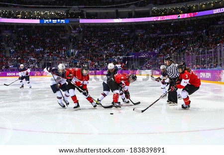 Sochi, RUSSIA - February 20, 2014: Marie-Philip POULIN (CAN) at Canada vs. USA Ice hockey Women\'s Gold Medal Game at the Sochi 2014 Olympic Games