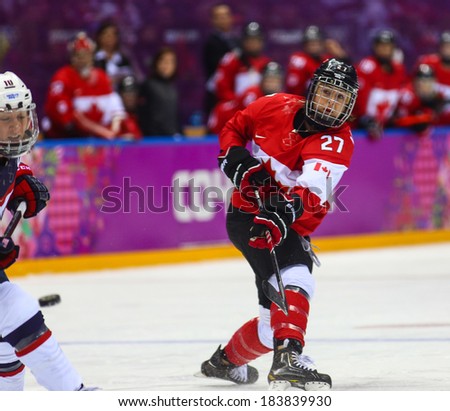 Sochi, RUSSIA - February 20, 2014: Tara WATCHORN (CAN) at Canada vs. USA Ice hockey Women\'s Gold Medal Game at the Sochi 2014 Olympic Games
