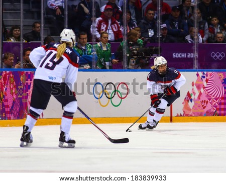 Sochi, RUSSIA - February 20, 2014: Brianna DECKER (USA) at Canada vs. USA Ice hockey Women\'s Gold Medal Game at the Sochi 2014 Olympic Games