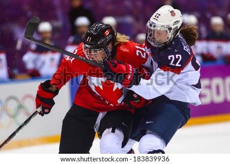 Sochi, RUSSIA - February 20, 2014: Haley IRWIN (CAN) at Canada vs. USA Ice hockey Women\'s Gold Medal Game at the Sochi 2014 Olympic Games