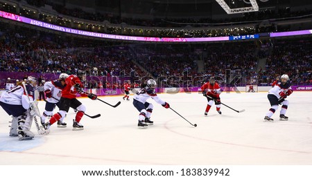 Sochi, RUSSIA - February 20, 2014: Julie CHU (USA) at Canada vs. USA Ice hockey Women\'s Gold Medal Game at the Sochi 2014 Olympic Games