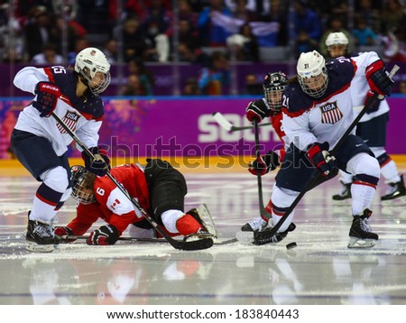 Sochi, RUSSIA - February 20, 2014: Hilary KNIGHT (USA) at Canada vs. USA Ice hockey Women\'s Gold Medal Game at the Sochi 2014 Olympic Games