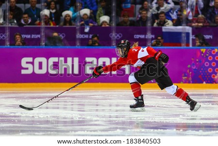 Sochi, RUSSIA - February 20, 2014: Meghan AGOSTA (CAN) at Canada vs. USA Ice hockey Women\'s Gold Medal Game at the Sochi 2014 Olympic Games