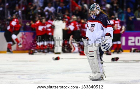 Sochi, RUSSIA - February 20, 2014: Molly SCHAUS (USA) at Canada vs. USA Ice hockey Women\'s Gold Medal Game at the Sochi 2014 Olympic Games