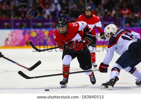 Sochi, RUSSIA - February 20, 2014: Natalie SPOONER (CAN) at Canada vs. USA Ice hockey Women\'s Gold Medal Game at the Sochi 2014 Olympic Games