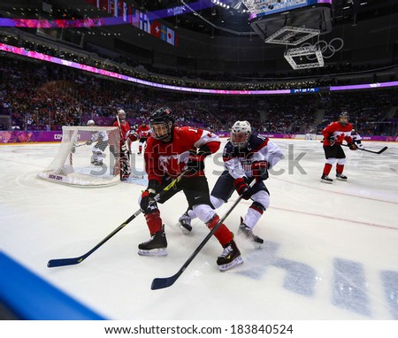 Sochi, RUSSIA - February 20, 2014: Meaghan MIKKELSON (CAN) at Canada vs. USA Ice hockey Women\'s Gold Medal Game at the Sochi 2014 Olympic Games