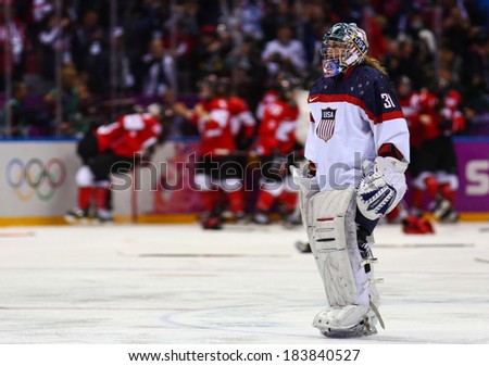 Sochi, RUSSIA - February 20, 2014: Molly SCHAUS (USA) at Canada vs. USA Ice hockey Women\'s Gold Medal Game at the Sochi 2014 Olympic Games