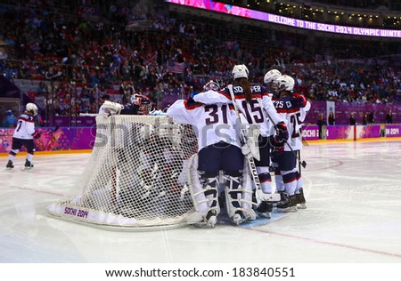 Sochi, RUSSIA - February 20, 2014: Jessie VETTER (USA) at Canada vs. USA Ice hockey Women\'s Gold Medal Game at the Sochi 2014 Olympic Games