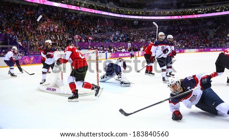 Sochi, RUSSIA - February 20, 2014: Hayley WICKENHEISER (CAN) at Canada vs. USA Ice hockey Women\'s Gold Medal Game at the Sochi 2014 Olympic Games