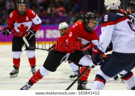 Sochi, RUSSIA - February 20, 2014: Meghan AGOSTA (CAN) at Canada vs. USA Ice hockey Women's Gold Medal Game at the Sochi 2014 Olympic Games