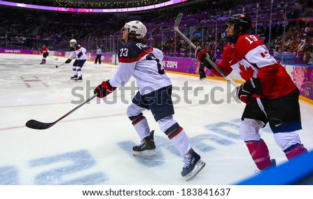 Sochi, RUSSIA - February 20, 2014: Michelle PICARD (USA) at Canada vs. USA Ice hockey Women\'s Gold Medal Game at the Sochi 2014 Olympic Games