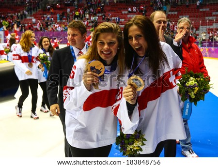 Sochi, RUSSIA - February 20, 2014: Suisse Women's Ice hockey team bronze medalists, at medal ceremony after Gold Medal Game at the Sochi 2014 Olympic Games