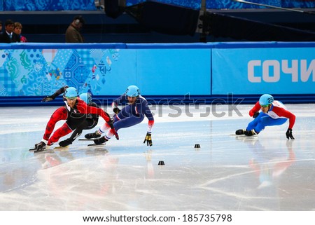 Sochi, RUSSIA - February 18, 2014: Olivier JEAN (CAN), No207 at Men\'s 500 m Short Track Heats at the Sochi 2014 Olympic Games