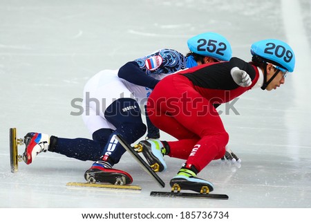 Sochi, RUSSIA - February 18, 2014: Tianyu HAN (CHN), No209 at Men\'s 500 m Short Track Heats at the Sochi 2014 Olympic Games