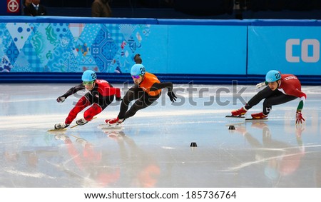 Sochi, RUSSIA - February 18, 2014: Charle COURNOYER (CAN), Ã?Â?Ã?Â¹203 at Men\'s 500 m Short Track Heats at the Sochi 2014 Olympic Games