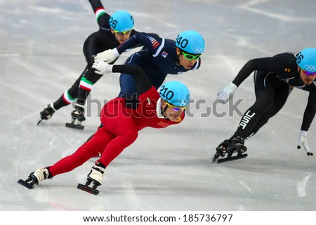 Sochi, RUSSIA - February 18, 2014: Wenhao LIANG (CHN), No210 at Men\'s 500 m Short Track Heats at the Sochi 2014 Olympic Games