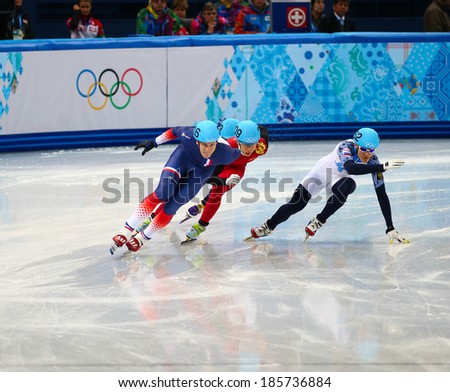Sochi, RUSSIA - February 18, 2014: Vladimir GRIGOREV (RUS), No252 at Men\'s 500 m Short Track Heats at the Sochi 2014 Olympic Games