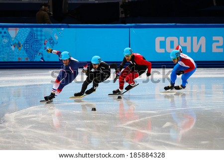 Sochi, RUSSIA - February 18, 2014: Thibaut FAUCONNET (FRA), No215 at Men\'s 500 m Short Track Heats at the Sochi 2014 Olympic Games