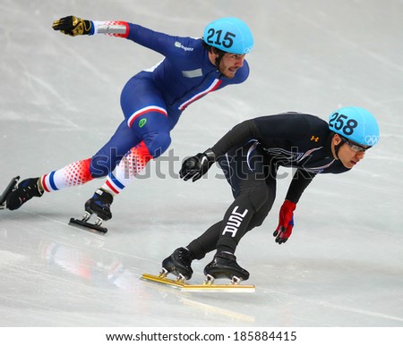 Sochi, RUSSIA - February 18, 2014: J.R. CELSKI (USA), No258 at Men\'s 500 m Short Track Heats at the Sochi 2014 Olympic Games
