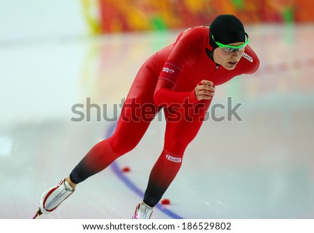 Sochi, RUSSIA - February 19, 2014: Mari HEMMER (NOR) on lane during Speed Skating. Ladies\' 5000 m at the Sochi 2014 Olympic Games