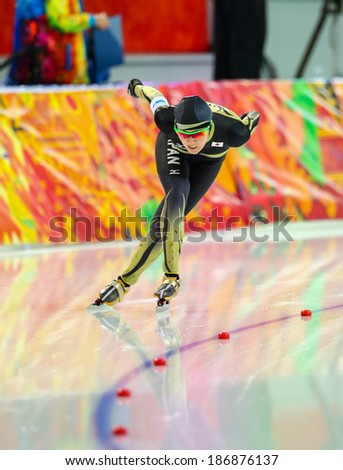 Sochi, RUSSIA - February 19, 2014: Masako HOZUMI (JPN) on lane during Speed Skating. Ladies\' 5000 m at the Sochi 2014 Olympic Games