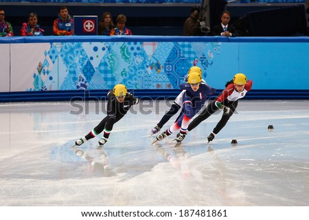 Sochi, RUSSIA - February 18, 2014: Veronique PIERRON (FRA) No.115 at Ladies\' 1000 m Short Track Heats at the Sochi 2014 Olympic Games
