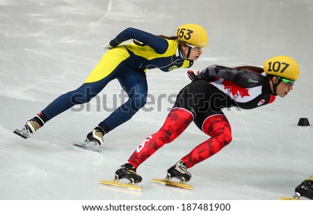 Sochi, RUSSIA - February 18, 2014: Valerie MALTAIS (CAN) No.107 at Ladies\' 1000 m Short Track Heats at the Sochi 2014 Olympic Games