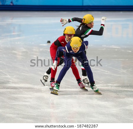 Sochi, RUSSIA - February 18, 2014: Martina VALCEPINA (ITA) No.127 at Ladies\' 1000 m Short Track Heats at the Sochi 2014 Olympic Games