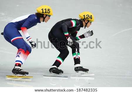 Sochi, RUSSIA - February 18, 2014: Veronique PIERRON (FRA) No.115 at Ladies\' 1000 m Short Track Heats at the Sochi 2014 Olympic Games