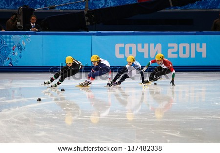 Sochi, RUSSIA - February 18, 2014: Sofia PROSVIRNOVA (RUS) No.150 at Ladies\' 1000 m Short Track Heats at the Sochi 2014 Olympic Games